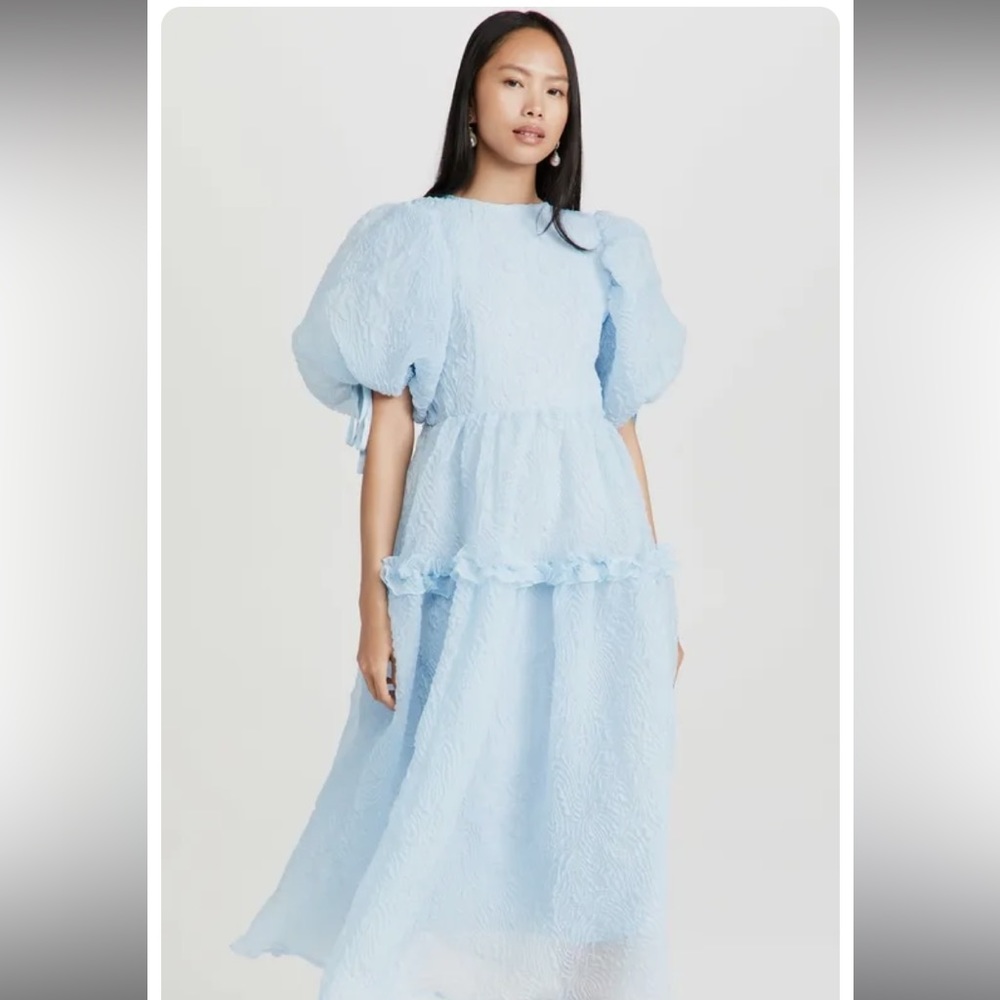 DREAM EMBELLISHED JACQUARD MIDI DRESS IN POWDER BLUE.